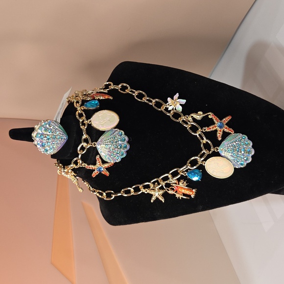 🔹️Betsey Johnson 🔹Nautical  Seashell Charm Necklace, Bracelet Ring Earring Set - Picture 10 of 17
